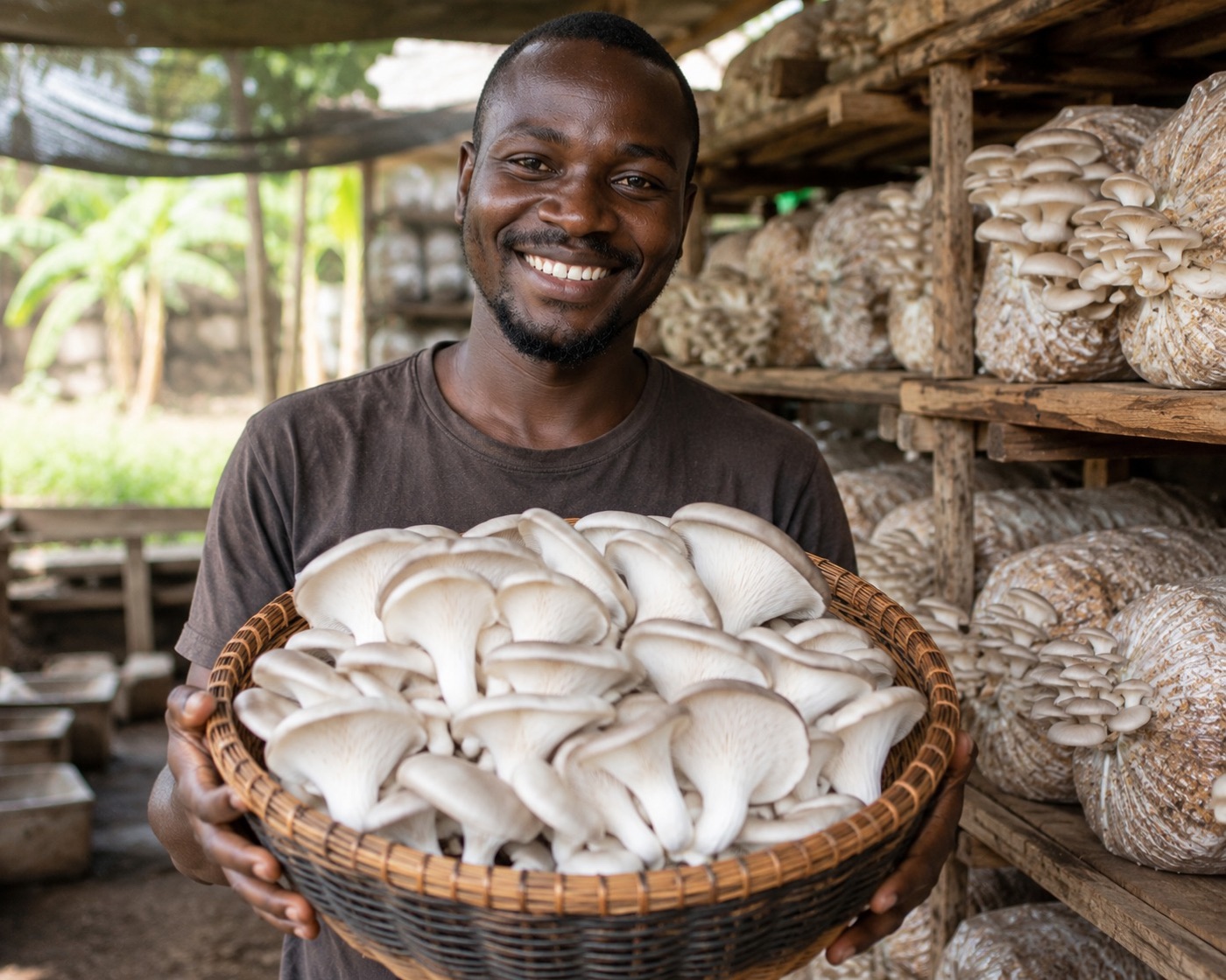 An Oyst farmer holding a fresh basket of harvested oyster mushrooms